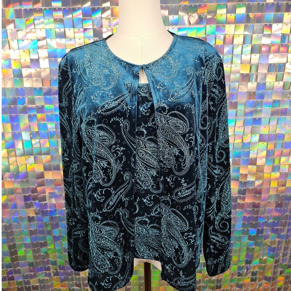 R&K Evening 2pc Set Women 12 Teal Blue Velvet Glitter Paisley Cardigan Tank 1245